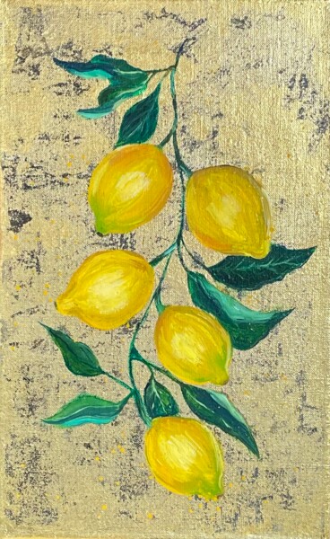 Painting titled "Lemons" by Katrin Ka, Original Artwork, Oil Mounted on Wood Stretcher frame