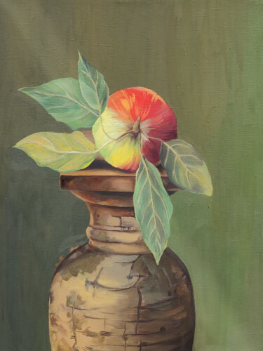 Painting titled "Apple" by Katrin Savich, Original Artwork, Oil Mounted on Wood Stretcher frame