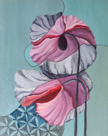 Painting titled "Opium. Pink poppies" by Katrin Savich, Original Artwork, Oil Mounted on Wood Stretcher frame