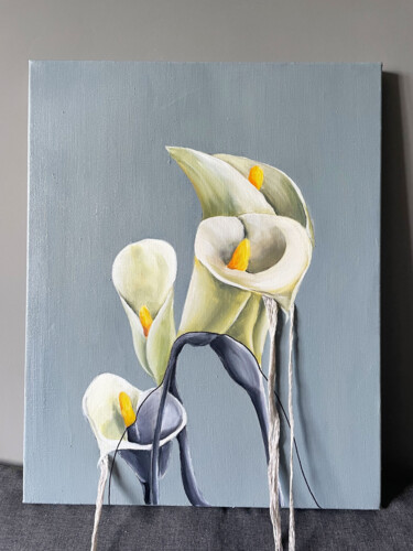 Painting titled "Modesty. White Calla" by Katrin Savich, Original Artwork, Oil Mounted on Wood Stretcher frame