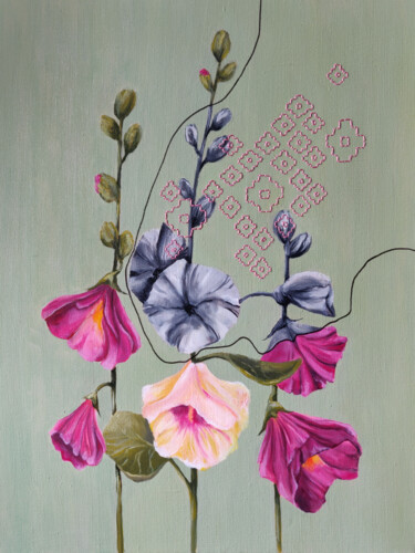 Painting titled "Native. Pink mallows" by Katrin Savich, Original Artwork, Oil Mounted on Wood Stretcher frame