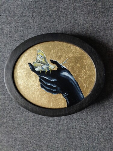 Painting titled "Hand holding moth o…" by Katrin Savich, Original Artwork, Oil Mounted on Wood Stretcher frame