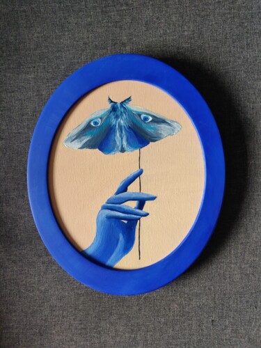 Painting titled "Blue moth, butterfl…" by Katrin Savich, Original Artwork, Oil Mounted on Wood Stretcher frame
