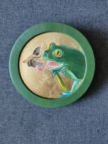Schilderij getiteld "Green frog oil pain…" door Katrin Savich, Origineel Kunstwerk, Olie Gemonteerd op Frame voor houten bra…