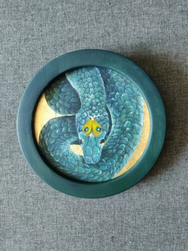 Картина под названием "Green snake oil pai…" - Katrin Savich, Подлинное произведение искусства, Масло Установлен на Деревянн…