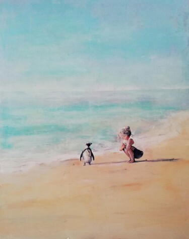 Painting titled ""Girl and Penguin"" by Katrina, Original Artwork, Acrylic Mounted on Wood Stretcher frame