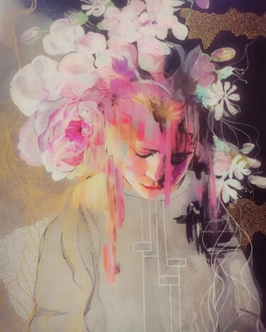 Картина под названием "Девочка с цветами" - Katrina, Подлинное произведение искусства, Акрил Установлен на Деревянная рама д…