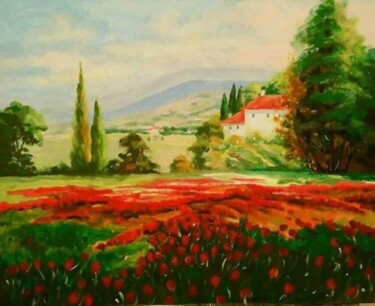 Painting titled ""Red flowers"" by Katrina, Original Artwork, Acrylic Mounted on Wood Stretcher frame