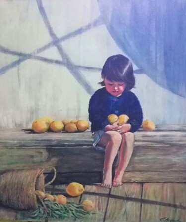 Schilderij getiteld "Девочка с лимонами" door Katrina, Origineel Kunstwerk, Acryl Gemonteerd op Frame voor houten brancard