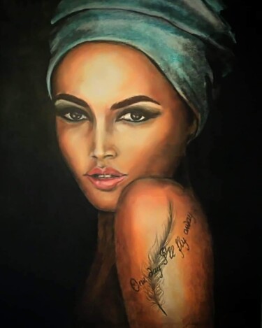 Painting titled "Girl with a tattoo…" by Katrina, Original Artwork, Acrylic Mounted on Wood Stretcher frame