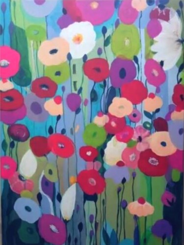 Schilderij getiteld "Bright flowers" door Katrina, Origineel Kunstwerk, Acryl Gemonteerd op Frame voor houten brancard