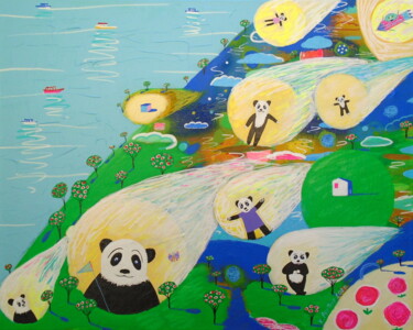 Painting titled "Cosmic Panda" by Katrina Avotina, Original Artwork, Acrylic