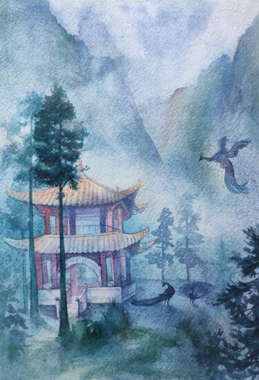 Schilderij getiteld "Pagoda in the mount…" door Ekaterina Sypkova (KatrinColourArt), Origineel Kunstwerk, Aquarel