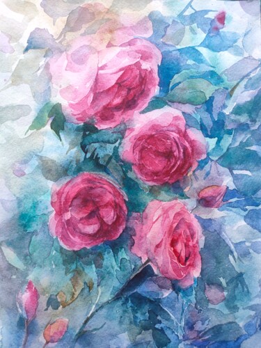 Painting titled "In the Rose Garden" by Ekaterina Sypkova (KatrinColourArt), Original Artwork, Watercolor