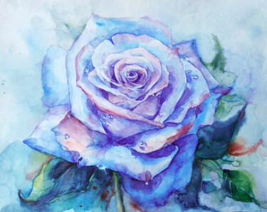 Schilderij getiteld "Blue rose" door Ekaterina Sypkova (KatrinColourArt), Origineel Kunstwerk, Aquarel