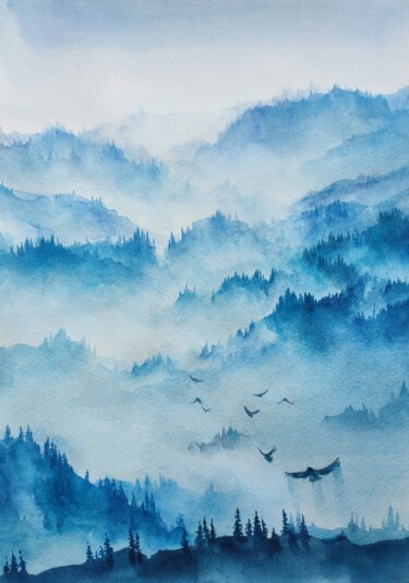 Malerei mit dem Titel "Misty land" von Ekaterina Sypkova (KatrinColourArt), Original-Kunstwerk, Aquarell