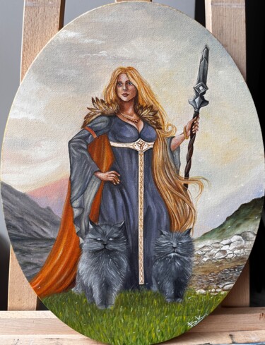 Painting titled "Freya" by Katsiaryna Budzko, Original Artwork, Oil Mounted on Wood Stretcher frame