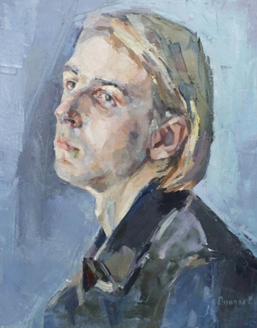 Картина под названием "The man on the blue." - Katyusha Popova, Подлинное произведение искусства, Масло