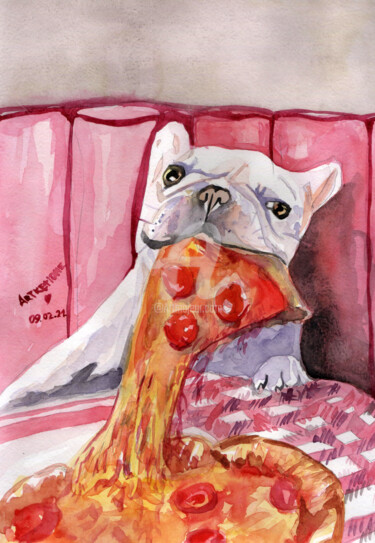 Painting titled "White dog , 白狗" by Katwrina Golban, Original Artwork, Watercolor