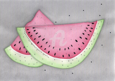 Peinture intitulée "Pastèque ,粉紅色的西瓜楔…" par Katwrina Golban, Œuvre d'art originale, Aquarelle