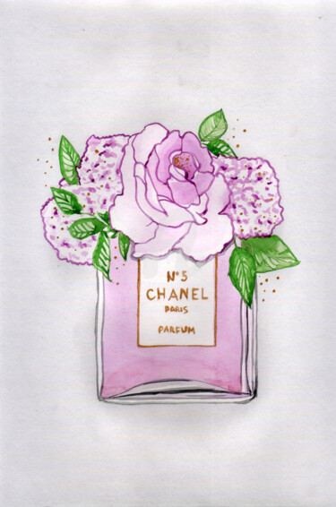 Pintura intitulada "Coco chanel  parfum…" por Katwrina Golban, Obras de arte originais, Aquarela