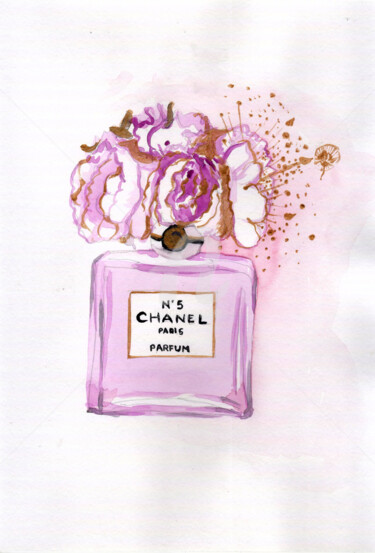 Painting titled "Chanel 5 ,當代藝術，鮮花" by Katwrina Golban, Original Artwork, Watercolor