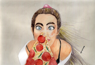 Peinture intitulée "Portret Lady Pizza…" par Katwrina Golban, Œuvre d'art originale, Aquarelle