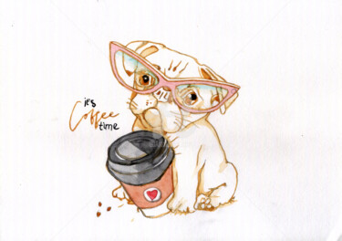 Painting titled "Dog cappuccino , 拖把…" by Katwrina Golban, Original Artwork, Watercolor