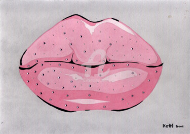 Peinture intitulée "Lips 3 , 嘴唇 3，灰色背景上…" par Katwrina Golban, Œuvre d'art originale, Aquarelle