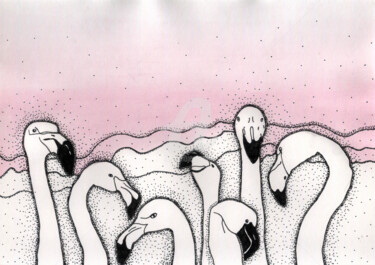 Schilderij getiteld "Flamingos white ,一群…" door Katwrina Golban, Origineel Kunstwerk, Aquarel