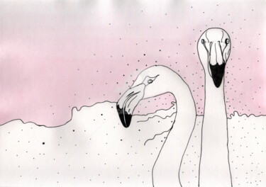 Pintura intitulada "Couple of flamingos…" por Katwrina Golban, Obras de arte originais, Aquarela