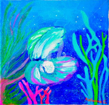 Malarstwo zatytułowany „Pearl, 海中的珍珠，亞克力海洋主…” autorstwa Katwrina Golban, Oryginalna praca, Akryl Zamontowany na Drewniana ra…