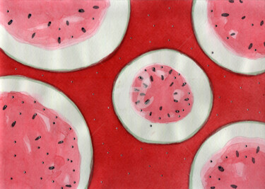 Картина под названием "Watermelon slices w…" - Katwrina Golban, Подлинное произведение искусства, Акварель