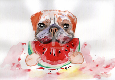 제목이 "Fruit Mops , 狗，西瓜哈巴狗"인 미술작품 Katwrina Golban로, 원작, 수채화