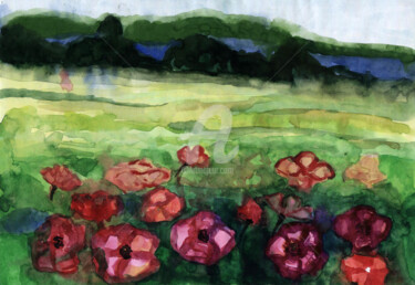 Digital Arts titled "Poppies flowers sce…" by Katwrina Golban, Original Artwork, Watercolor