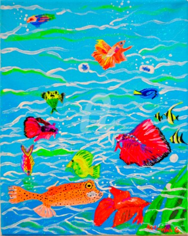Painting titled "Aquarium , 海洋水族館裡的彩…" by Katwrina Golban, Original Artwork, Acrylic Mounted on Wood Stretcher frame