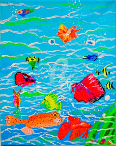 Pintura intitulada "Aquarium , 海洋水族館裡的彩…" por Katwrina Golban, Obras de arte originais, Acrílico Montado em Armação em madei…