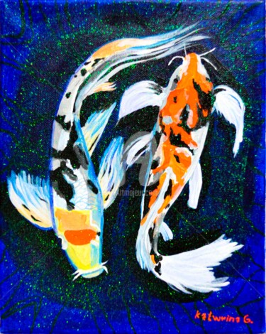 Painting titled "Pair of carp, 黑色背景中…" by Katwrina Golban, Original Artwork, Acrylic Mounted on Wood Stretcher frame