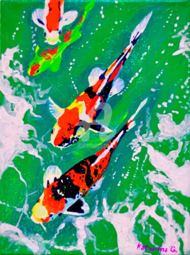 Painting titled "Carps , 亞克力鯉魚魚 , ка…" by Katwrina Golban, Original Artwork, Acrylic Mounted on Wood Stretcher frame