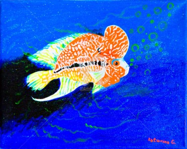 Painting titled "Orange fish , 橙牛 ,…" by Katwrina Golban, Original Artwork, Acrylic Mounted on Wood Stretcher frame