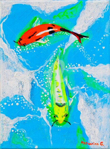 Картина под названием "Carps 4 , fish , ка…" - Katwrina Golban, Подлинное произведение искусства, Акрил Установлен на Деревя…
