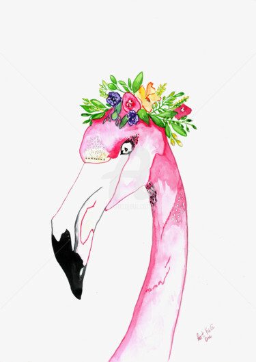Digitale Kunst getiteld "Flamingo pink ,印刷" door Katwrina Golban, Origineel Kunstwerk, Aquarel
