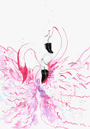 Digitale Kunst getiteld "Flamingo pink , 現代藝…" door Katwrina Golban, Origineel Kunstwerk, Aquarel