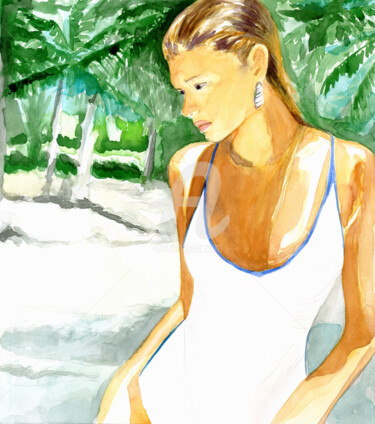 Pintura intitulada "Model in swimsuit ,…" por Katwrina Golban, Obras de arte originais, Aquarela