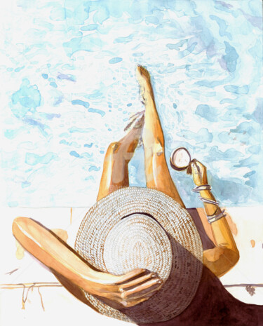 Картина под названием "Lady in hat drinkin…" - Katwrina Golban, Подлинное произведение искусства, Акварель