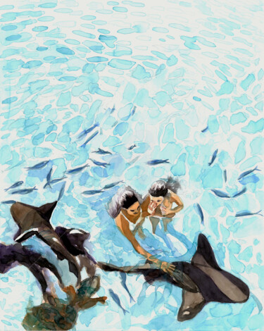 Schilderij getiteld "Blue lagoon ,Blue l…" door Katwrina Golban, Origineel Kunstwerk, Aquarel
