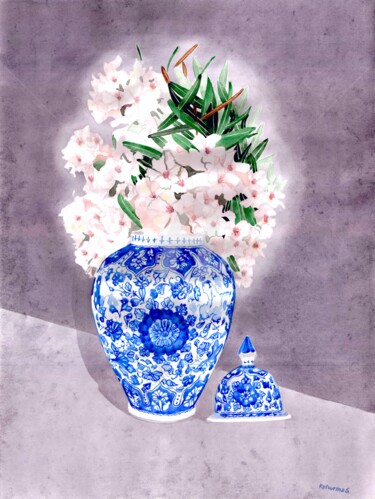 Painting titled "Blue vase with Turk…" by Katwrina Golban, Original Artwork, Watercolor