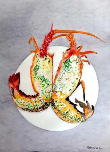 Peinture intitulée "Lobster, Homard, Re…" par Katwrina Golban, Œuvre d'art originale, Aquarelle