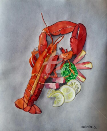 Painting titled "Lobster" by Katwrina Golban, Original Artwork, Watercolor