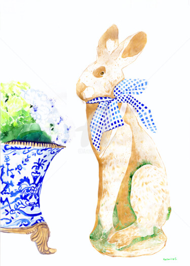 Malerei mit dem Titel "Golden rabbit" von Katwrina Golban, Original-Kunstwerk, Aquarell